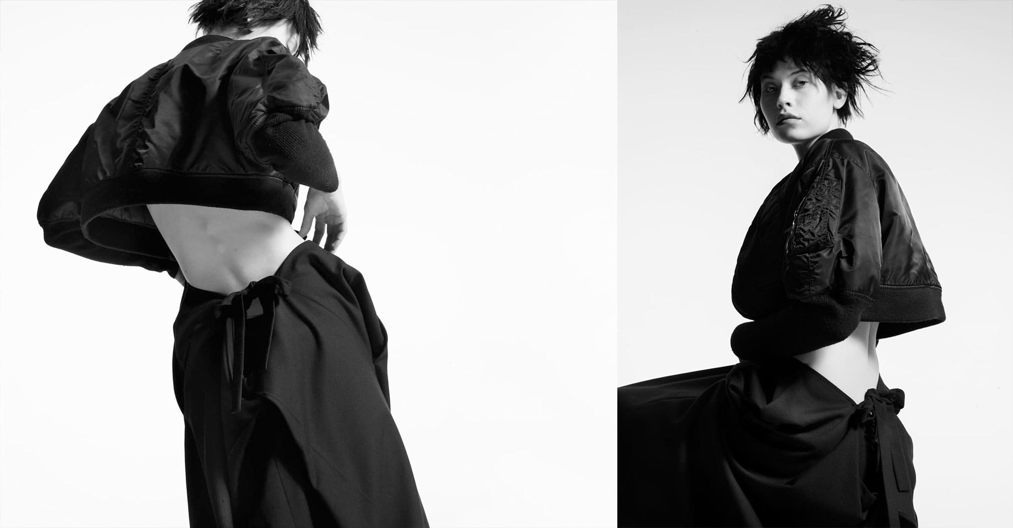 JEAN PAUL GAULTIER JUNIOR CROPPED BOMBER JACKET,1994. YOHJI YAMAMOTO DROP CROTCH APRON, 1992.